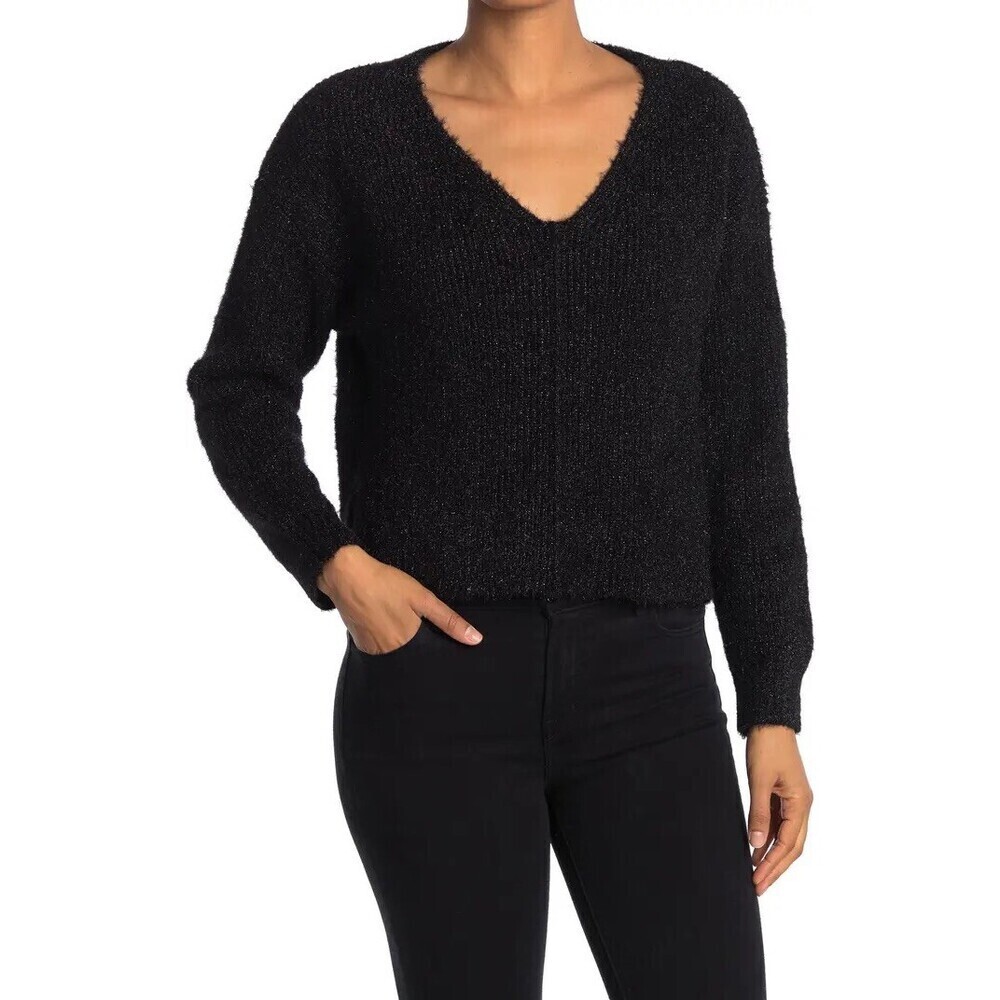 ABOUND Women's V Neck Fuzzy Knit Pullover Sweater Size M In Shiny Black